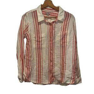 L.L.Bean Womens Medium Red & White Striped Long Sleeve Button-Up Shirt